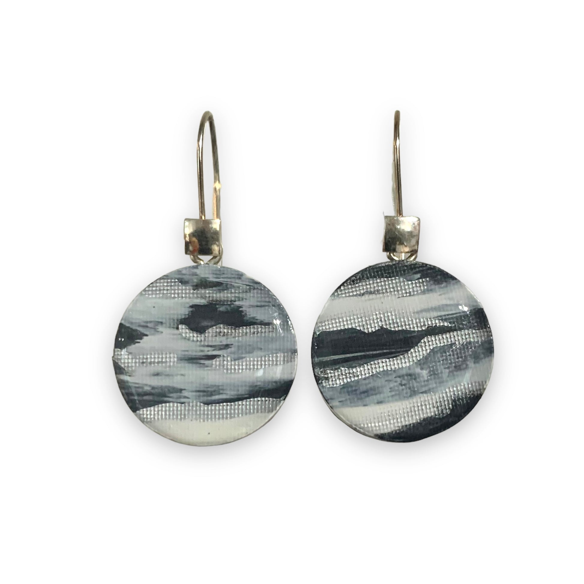 Black and White Silver handmade jewellery dangle earrings made from recycled materials circle drops eco friendly gift