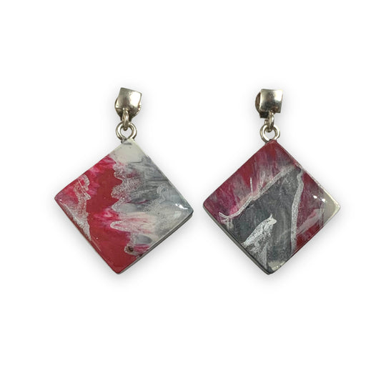 Recycled bottle tops earrings red silver squares studs handmade in the UK ethically made