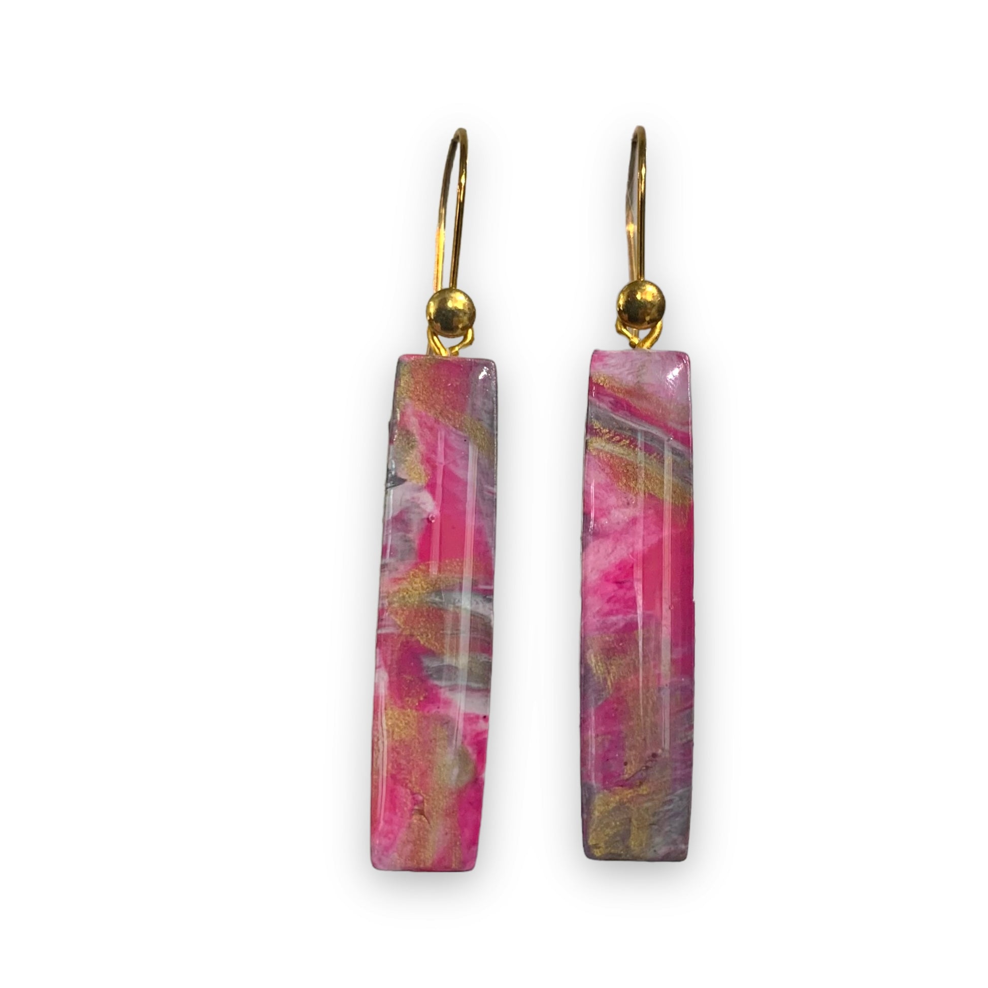 Recycled Plastic Bottle Tops Jewellery Dangle Earrings drops handmade in the UK pink gold rectangles ethical Christmas gift 