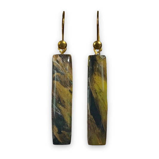 Sustainable Earrings Handmade from recycled bottle tops Gold plated Sterling Silver black yellow bars rectangles dangle drops Christmas gift for her