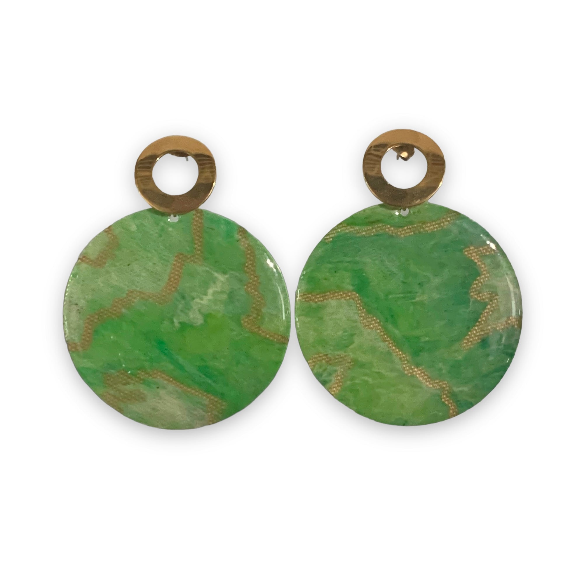 Recycled Plastic Bottle tops Green Gold Handmade earrings Studs Christmas Gift for environmental lover handmade in London artesian  