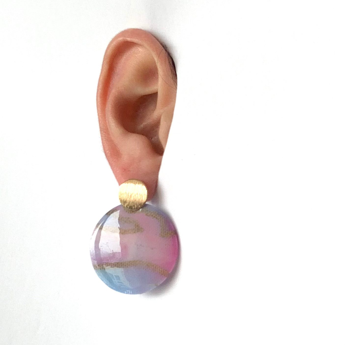 cherry Blossom pink blue gold earrings handmade from recycled plastic bottle tops
