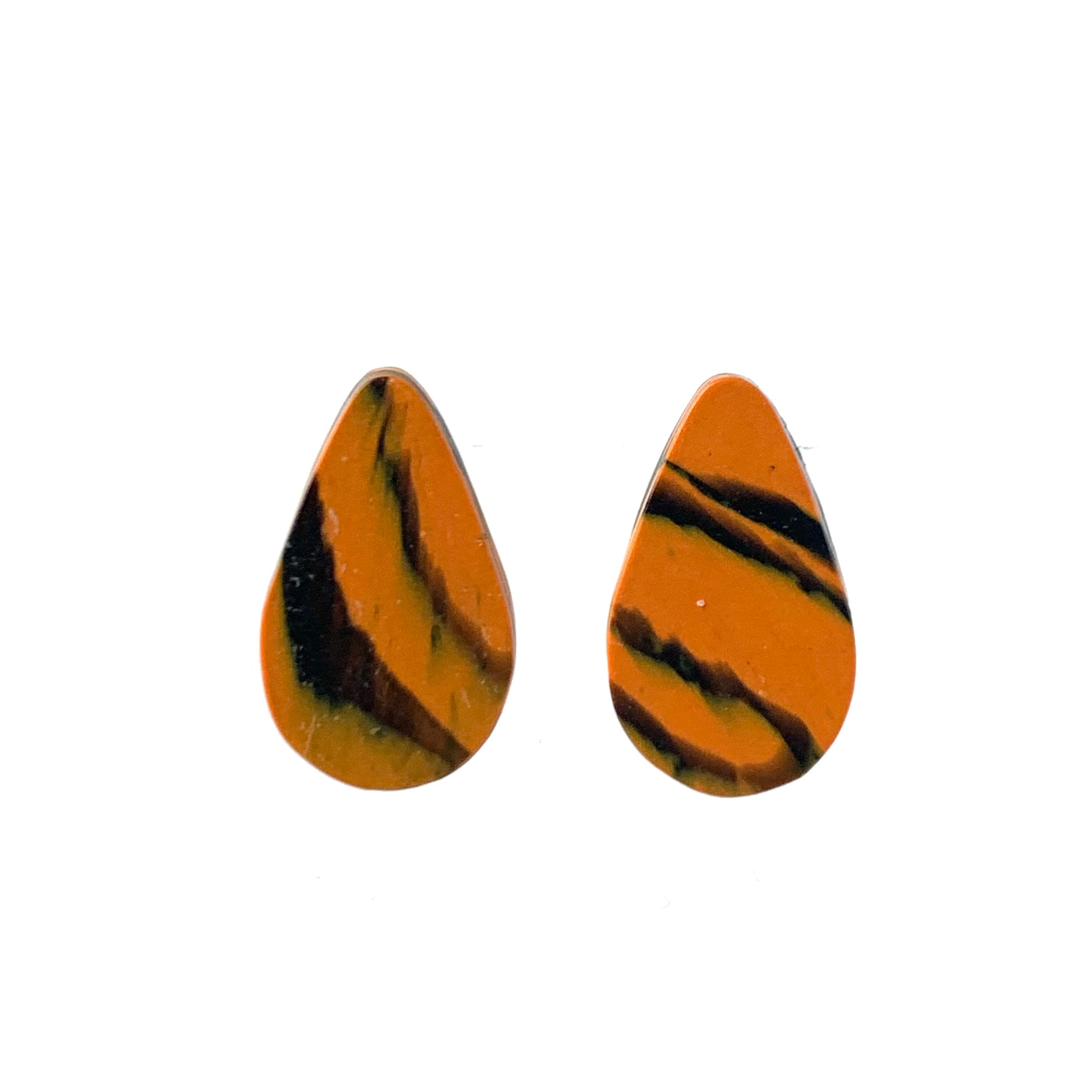 Sustainable orange studs teardrop black handmade artesian recycled plastic gift for her