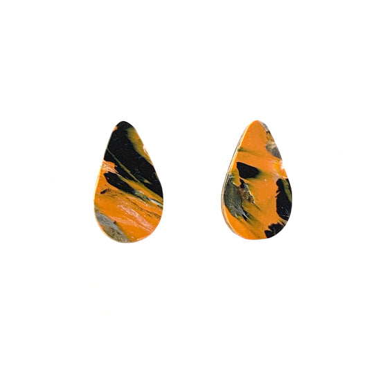 Sustainable orange studs teardrop black handmade artesian recycled plastic gift for her