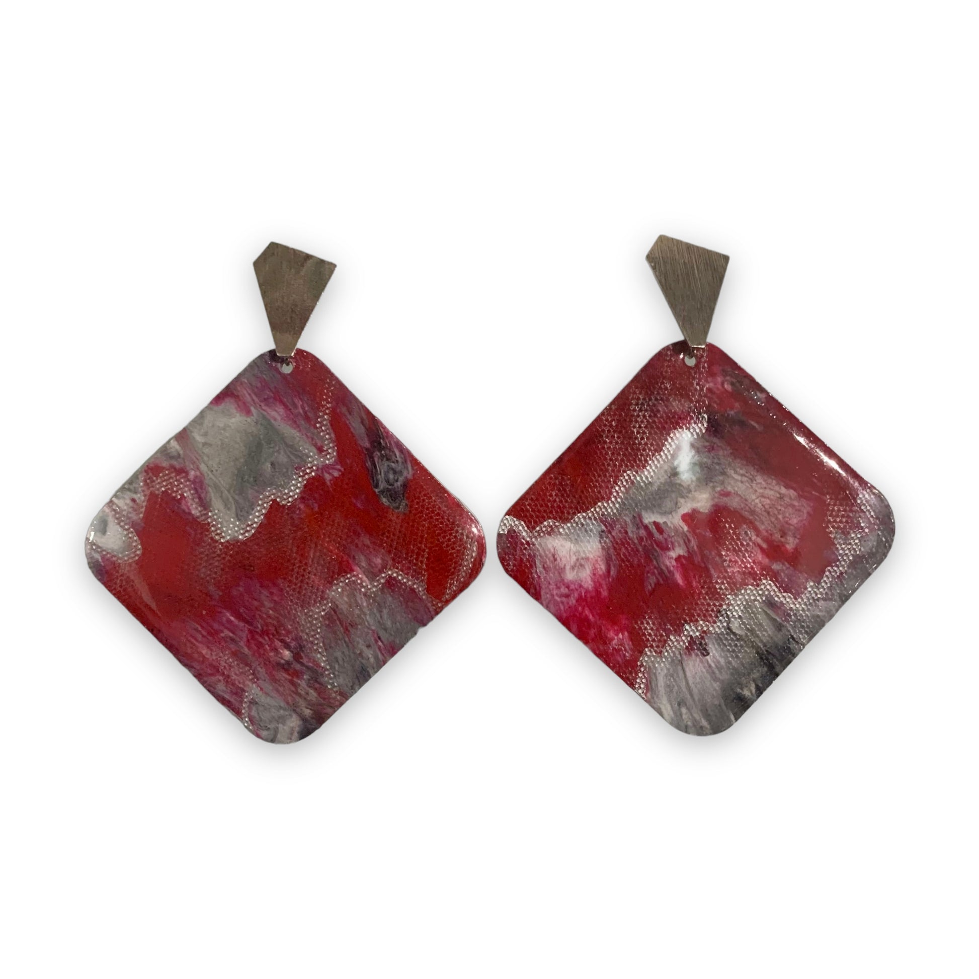 Red Silver Square Statement Earrings Studs Recycled Plastic Bottle tops Handmade Hand Crafted Ethically Made Shop small Eco lovers 