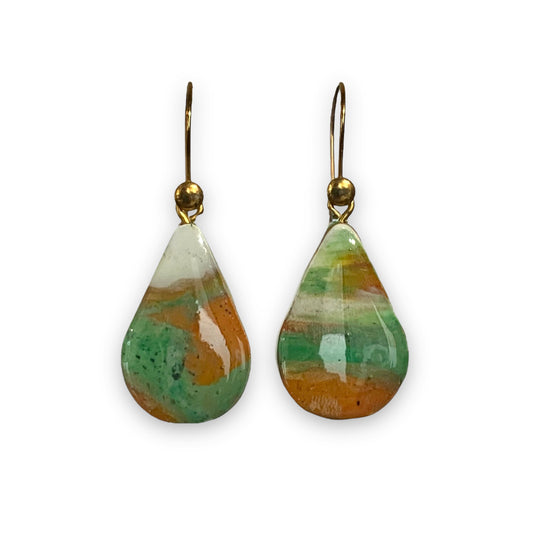 Handmade Artesian Earrings Sustainable Eco Friendly Recycled Bottle Tops Green white orange Teardrops Gift for her