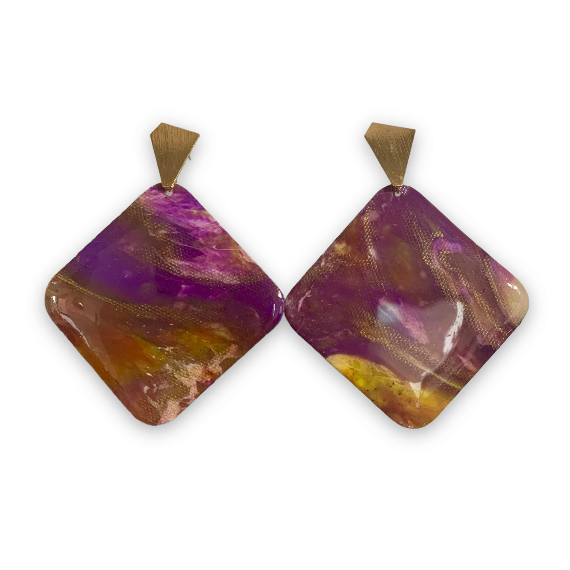 Recycled Plastic bottle tops handmade Artesian Earrings Studs Gold Purple Yellow Christmas gift for eco lovers 