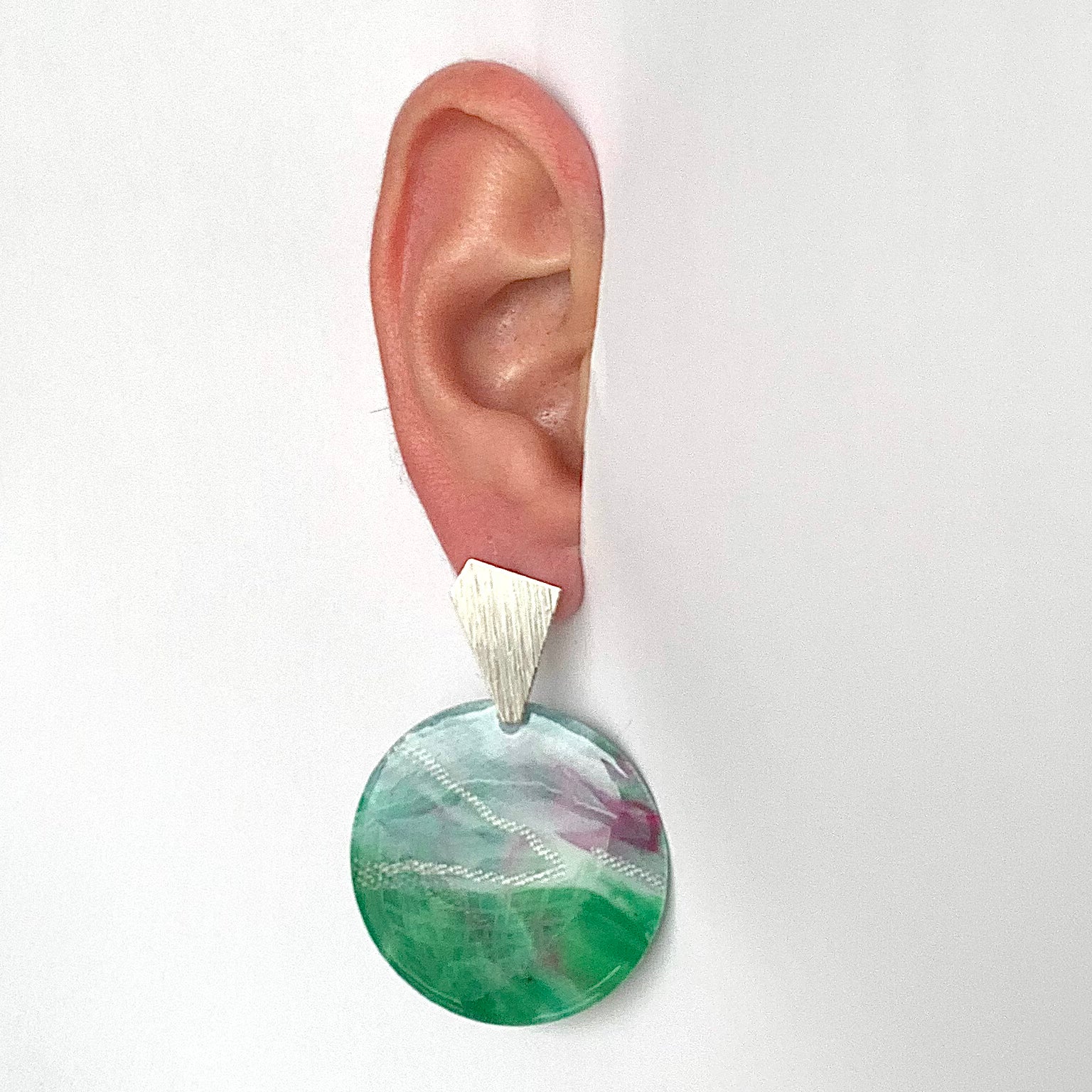 Bottle tops earrings green silver handmade recycled plastic